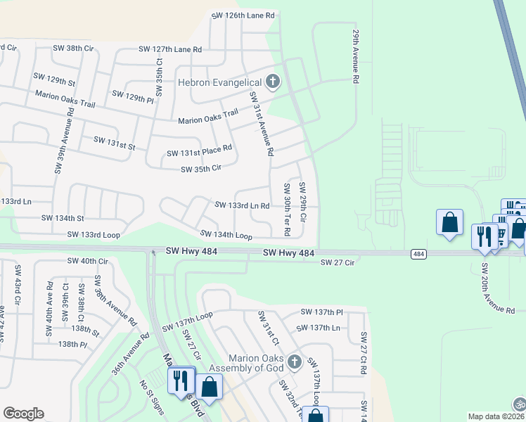 map of restaurants, bars, coffee shops, grocery stores, and more near 3150 Southwest 133rd Lane Road in Ocala