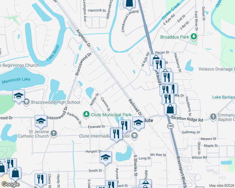 map of restaurants, bars, coffee shops, grocery stores, and more near 517 Montgomery St in Clute
