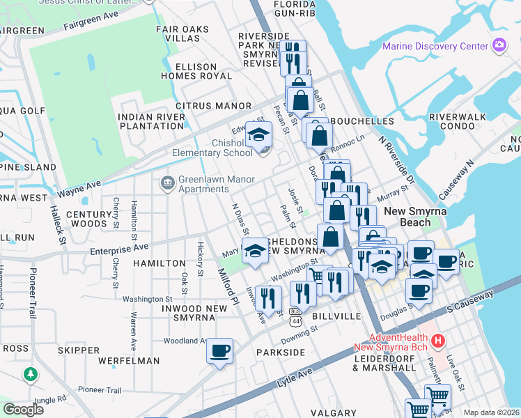 map of restaurants, bars, coffee shops, grocery stores, and more near 503 Rose Court in New Smyrna Beach