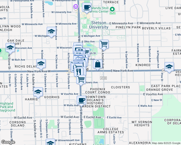map of restaurants, bars, coffee shops, grocery stores, and more near 158 East New York Avenue in DeLand