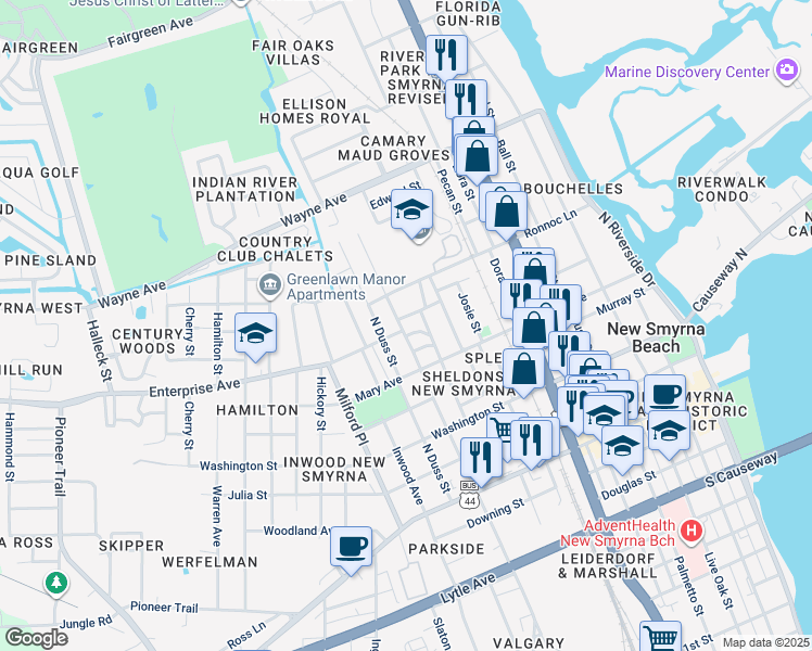 map of restaurants, bars, coffee shops, grocery stores, and more near 443 North Myrtle Avenue in New Smyrna Beach