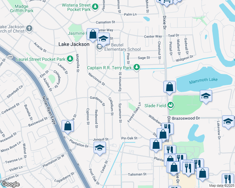 map of restaurants, bars, coffee shops, grocery stores, and more near 702 Sycamore Street in Lake Jackson