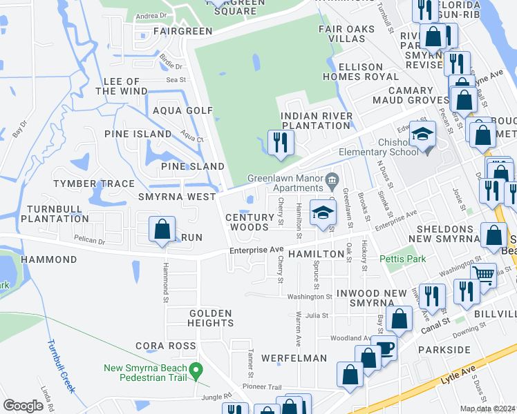 map of restaurants, bars, coffee shops, grocery stores, and more near 611 Celito Drive in New Smyrna Beach