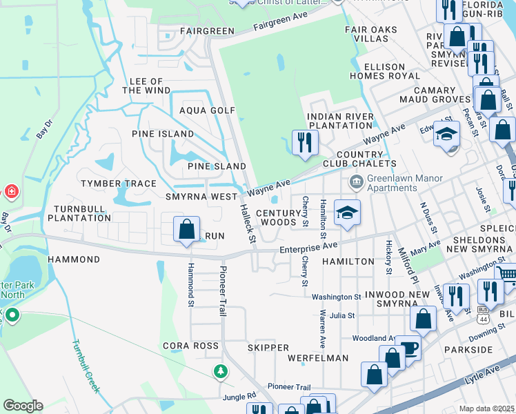 map of restaurants, bars, coffee shops, grocery stores, and more near 611 Turnstone Trce in New Smyrna Beach