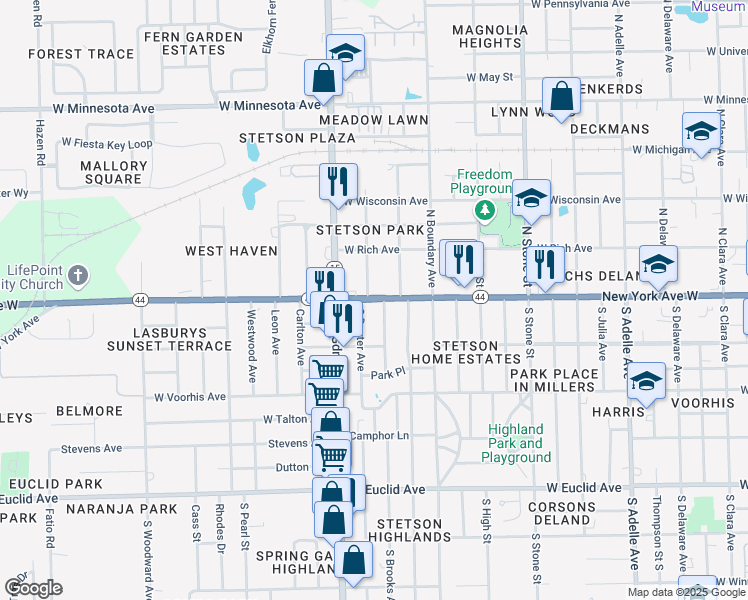 map of restaurants, bars, coffee shops, grocery stores, and more near West New York Avenue in DeLand
