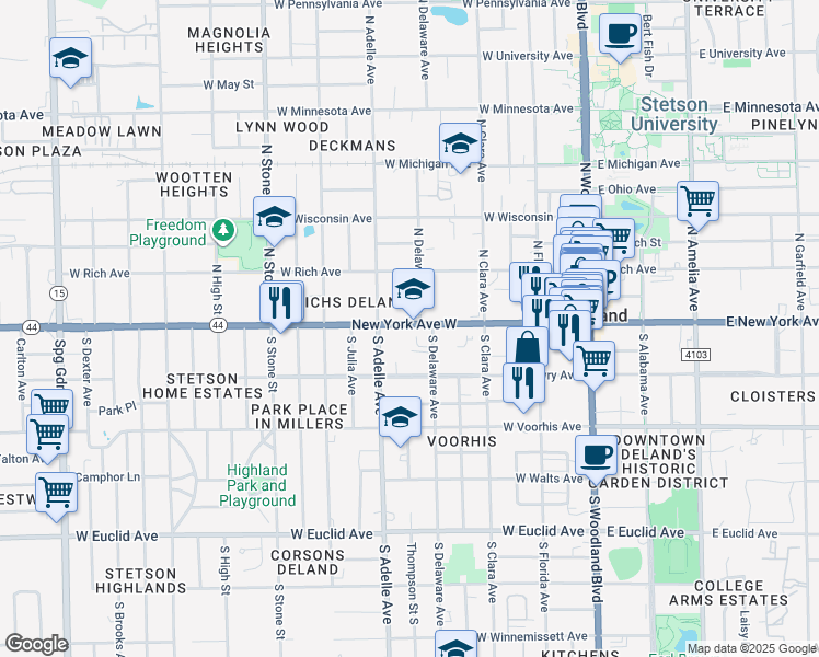 map of restaurants, bars, coffee shops, grocery stores, and more near 422 Florida 44 in DeLand