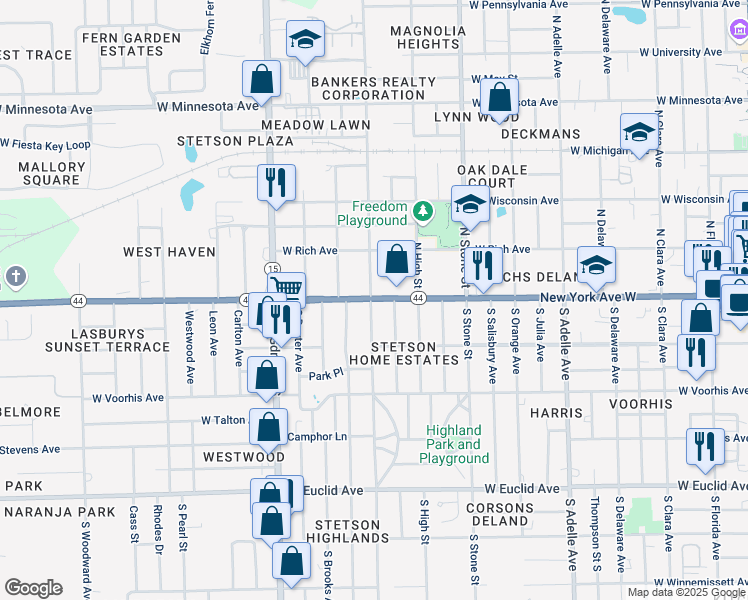 map of restaurants, bars, coffee shops, grocery stores, and more near 855 West New York Avenue in DeLand