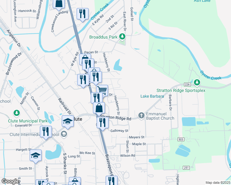 map of restaurants, bars, coffee shops, grocery stores, and more near 4200 Oak Park Drive in Clute
