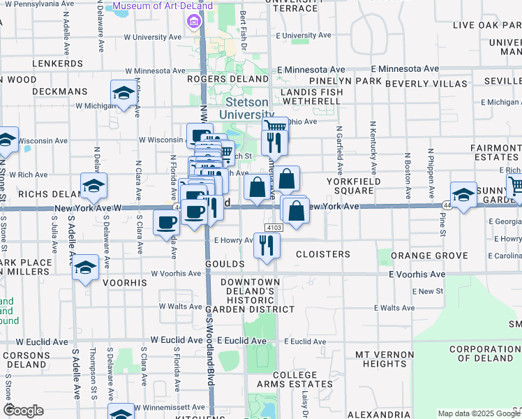 map of restaurants, bars, coffee shops, grocery stores, and more near 228 East New York Avenue in DeLand