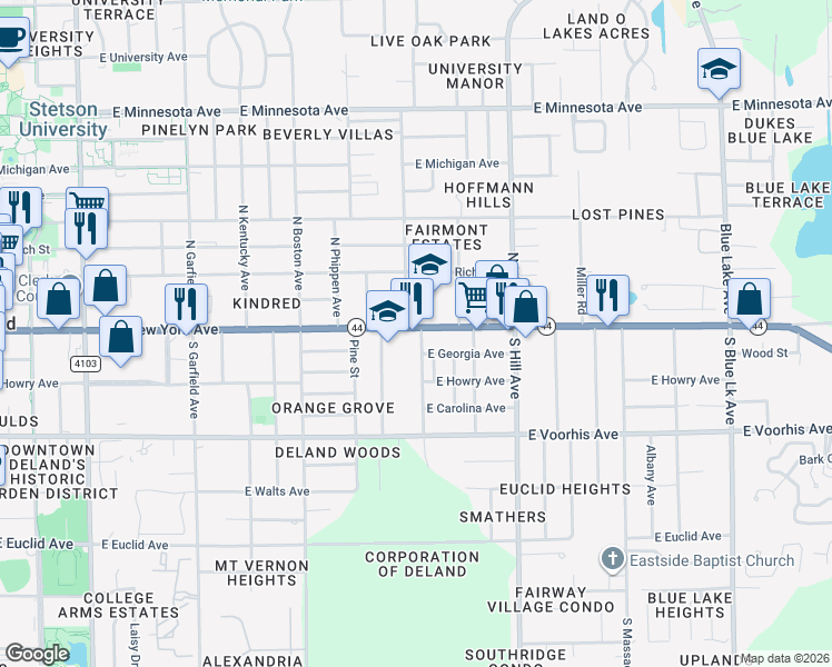 map of restaurants, bars, coffee shops, grocery stores, and more near 844 Florida 44 in DeLand