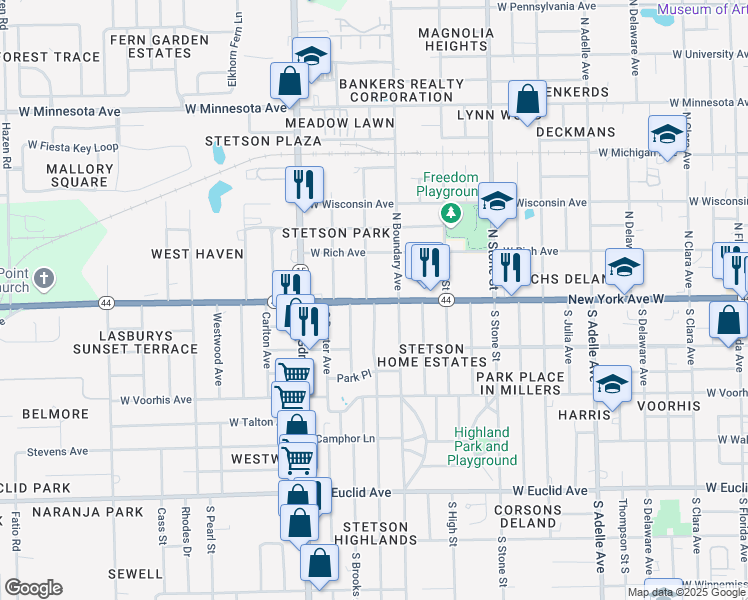 map of restaurants, bars, coffee shops, grocery stores, and more near 915 Florida 44 in DeLand