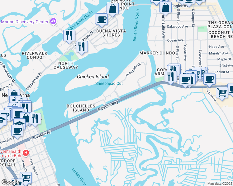map of restaurants, bars, coffee shops, grocery stores, and more near 464 Bouchelle Drive in New Smyrna Beach