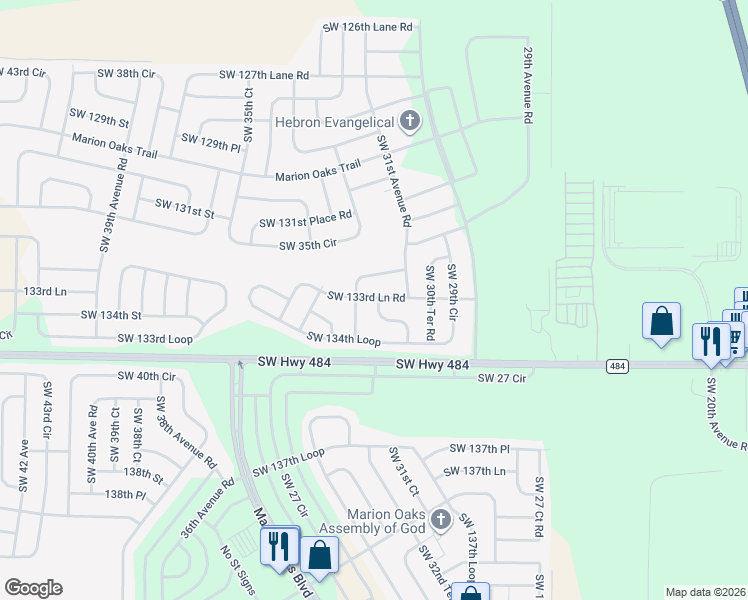 map of restaurants, bars, coffee shops, grocery stores, and more near 13377 32nd Court in Ocala