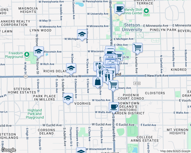 map of restaurants, bars, coffee shops, grocery stores, and more near in DeLand