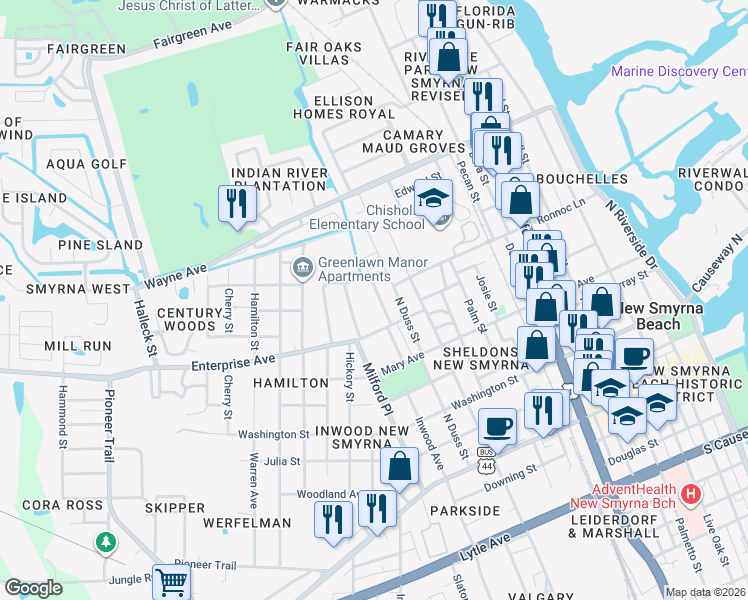map of restaurants, bars, coffee shops, grocery stores, and more near 516 Sinnka Street in New Smyrna Beach