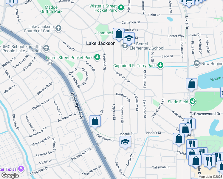 map of restaurants, bars, coffee shops, grocery stores, and more near 118 Cypress St in Lake Jackson