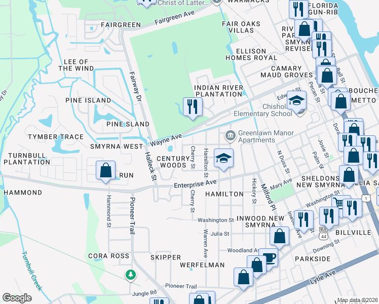 map of restaurants, bars, coffee shops, grocery stores, and more near 803 Cherry Street in New Smyrna Beach
