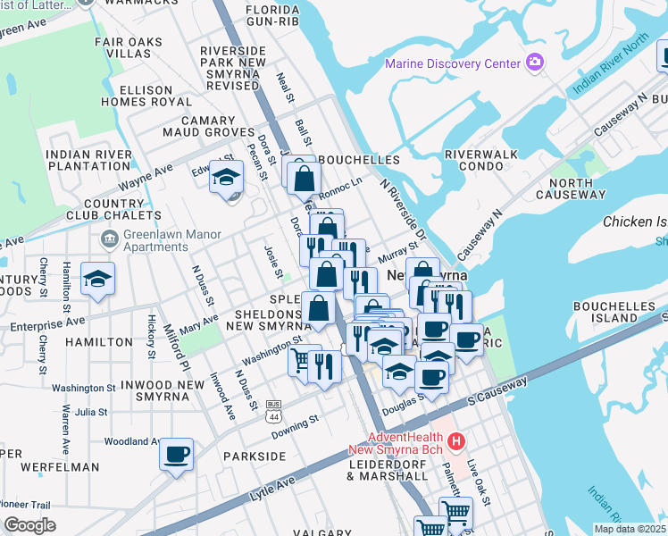 map of restaurants, bars, coffee shops, grocery stores, and more near 406 North Orange Street in New Smyrna Beach