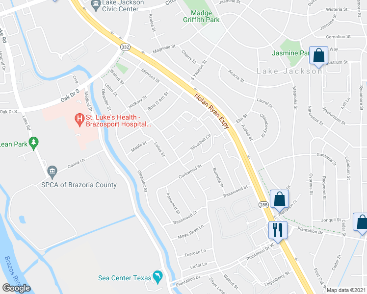 map of restaurants, bars, coffee shops, grocery stores, and more near 58 Joshua Court in Lake Jackson