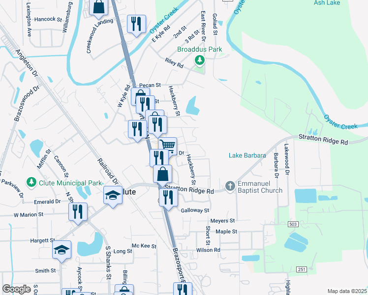 map of restaurants, bars, coffee shops, grocery stores, and more near 4200 Oak Park Drive in Clute