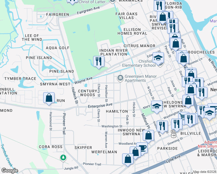 map of restaurants, bars, coffee shops, grocery stores, and more near 805 Hamilton Street in New Smyrna Beach