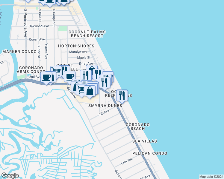 map of restaurants, bars, coffee shops, grocery stores, and more near 1411 South Atlantic Avenue in New Smyrna Beach