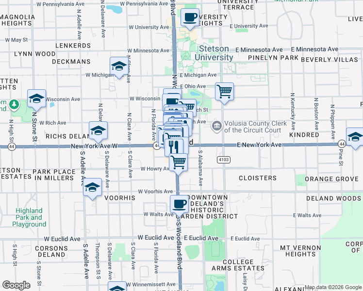 map of restaurants, bars, coffee shops, grocery stores, and more near 109 East New York Avenue in DeLand