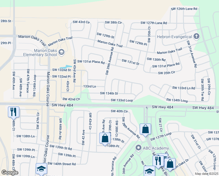 map of restaurants, bars, coffee shops, grocery stores, and more near 3636 Southwest 133rd Loop in Ocala