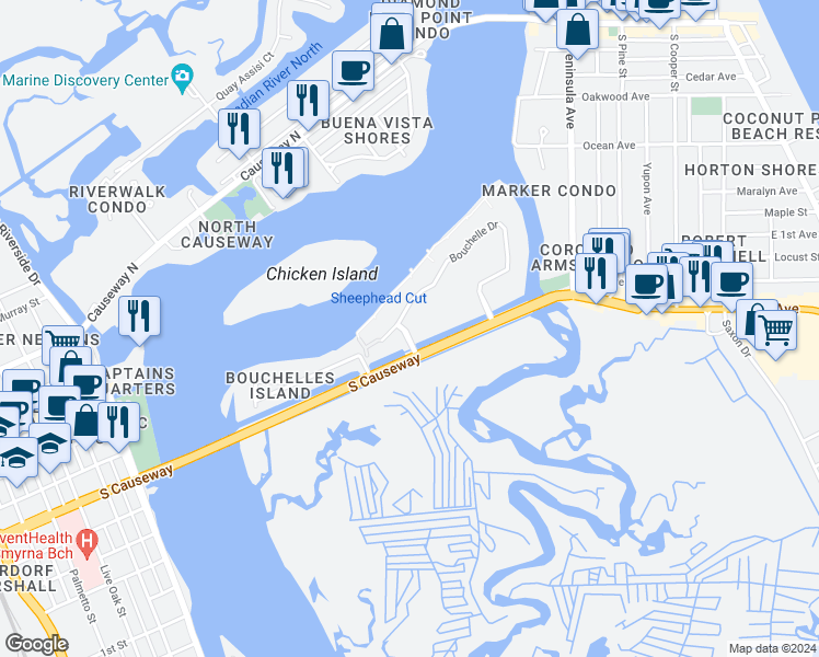 map of restaurants, bars, coffee shops, grocery stores, and more near 400 Bouchelle Drive in New Smyrna Beach