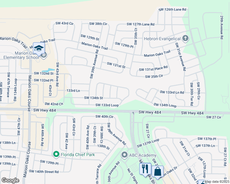 map of restaurants, bars, coffee shops, grocery stores, and more near 13360 Southwest 37th Avenue in Ocala