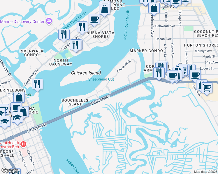 map of restaurants, bars, coffee shops, grocery stores, and more near 446 Bouchelle Drive in New Smyrna Beach