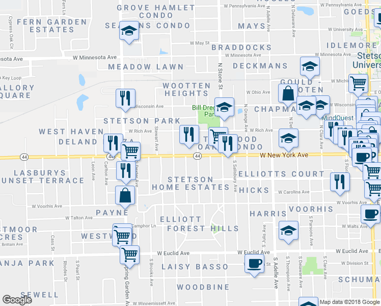 map of restaurants, bars, coffee shops, grocery stores, and more near 803 West New York Avenue in DeLand