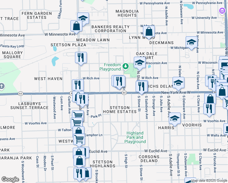 map of restaurants, bars, coffee shops, grocery stores, and more near 855 New York Avenue West in DeLand