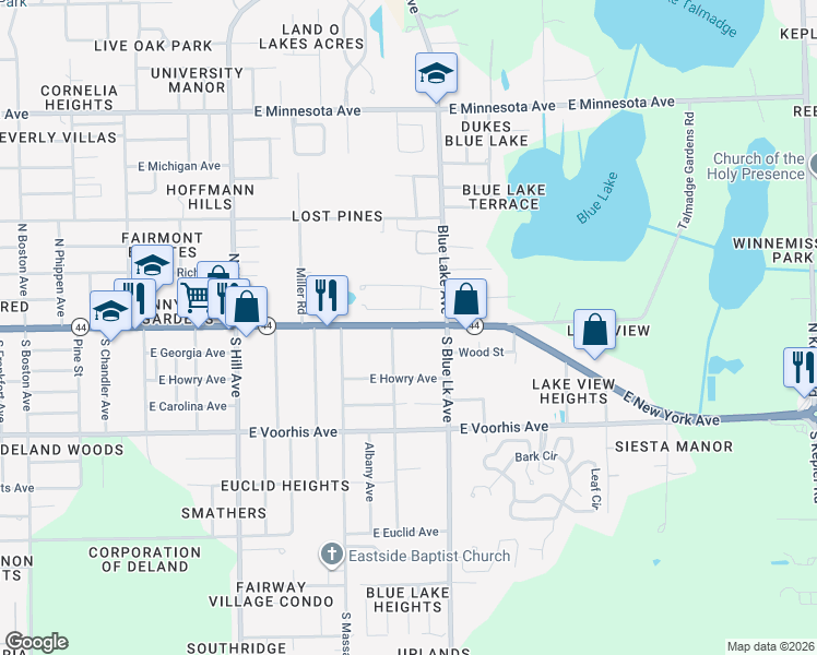 map of restaurants, bars, coffee shops, grocery stores, and more near 1356 East New York Avenue in DeLand