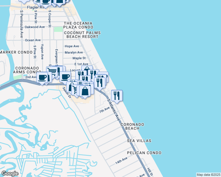 map of restaurants, bars, coffee shops, grocery stores, and more near 1411 South Atlantic Avenue in New Smyrna Beach