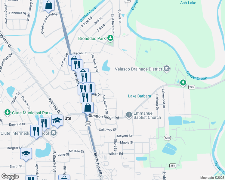 map of restaurants, bars, coffee shops, grocery stores, and more near 201 Hackberry Street in Clute
