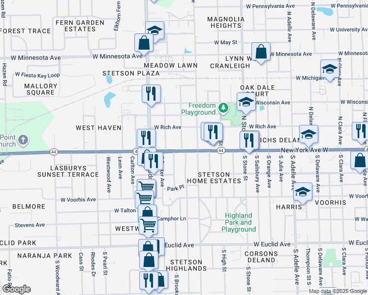 map of restaurants, bars, coffee shops, grocery stores, and more near 915 West New York Avenue in DeLand