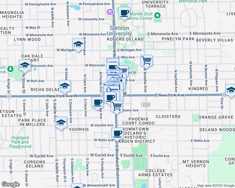 map of restaurants, bars, coffee shops, grocery stores, and more near in DeLand