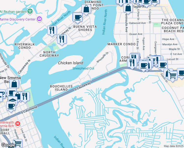 map of restaurants, bars, coffee shops, grocery stores, and more near 448 Bouchelle Drive in New Smyrna Beach