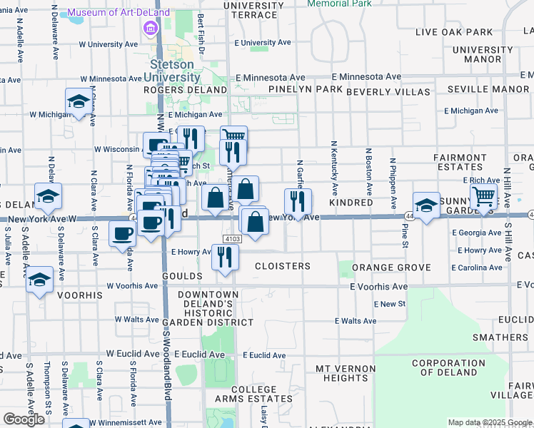 map of restaurants, bars, coffee shops, grocery stores, and more near 349 Florida 44 in DeLand