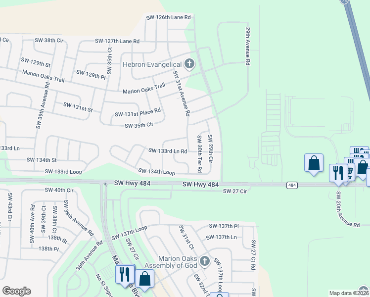 map of restaurants, bars, coffee shops, grocery stores, and more near 3150 Southwest 133rd Lane Road in Ocala