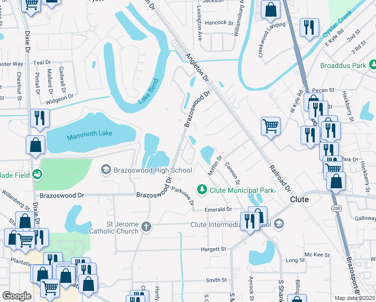 map of restaurants, bars, coffee shops, grocery stores, and more near 255 Brazoswood Drive in Clute