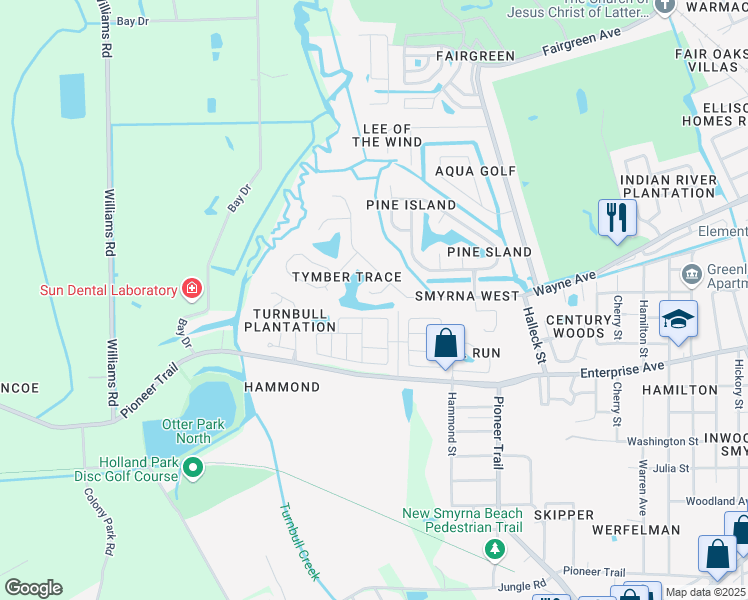 map of restaurants, bars, coffee shops, grocery stores, and more near 689 Rochester Court in New Smyrna Beach