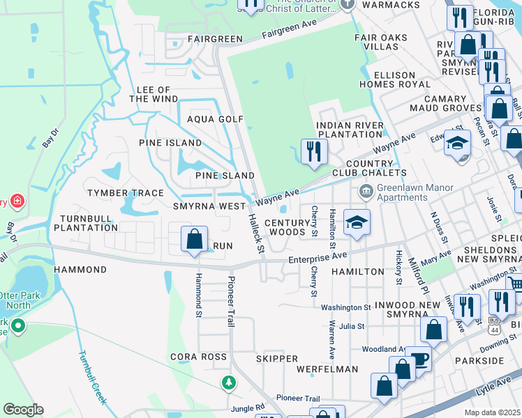 map of restaurants, bars, coffee shops, grocery stores, and more near 611 Turnstone Trce in New Smyrna Beach