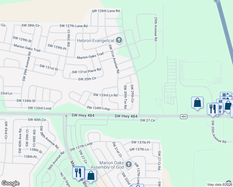 map of restaurants, bars, coffee shops, grocery stores, and more near 3150 Southwest 133rd Lane Road in Ocala