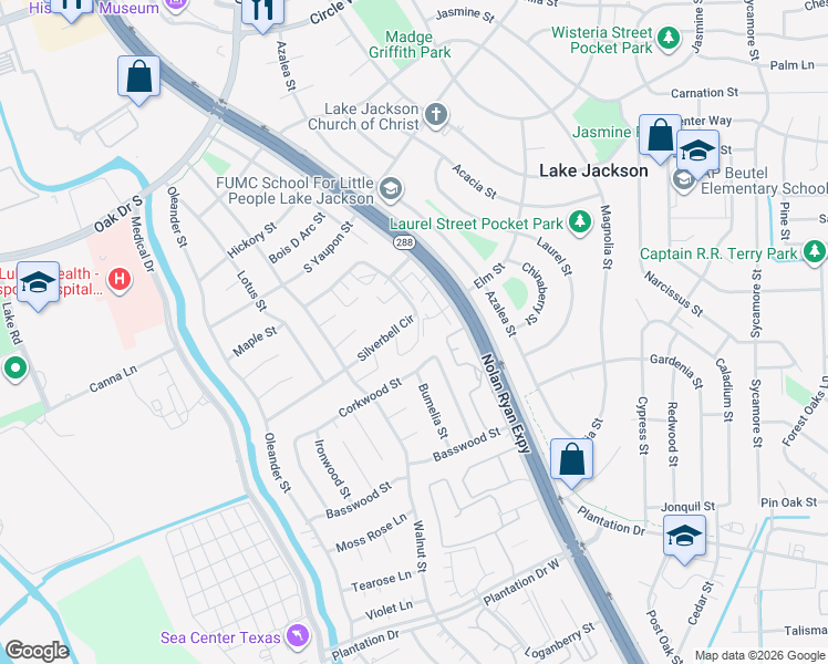 map of restaurants, bars, coffee shops, grocery stores, and more near 127 Silverbell Circle in Lake Jackson