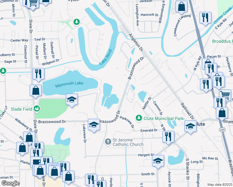 map of restaurants, bars, coffee shops, grocery stores, and more near 200 Brazoswood Drive in Clute