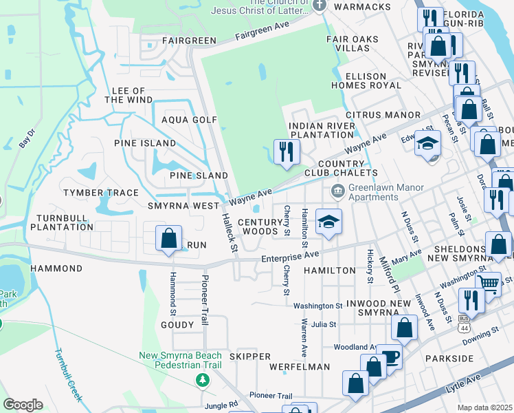 map of restaurants, bars, coffee shops, grocery stores, and more near 611 Celito Drive in New Smyrna Beach
