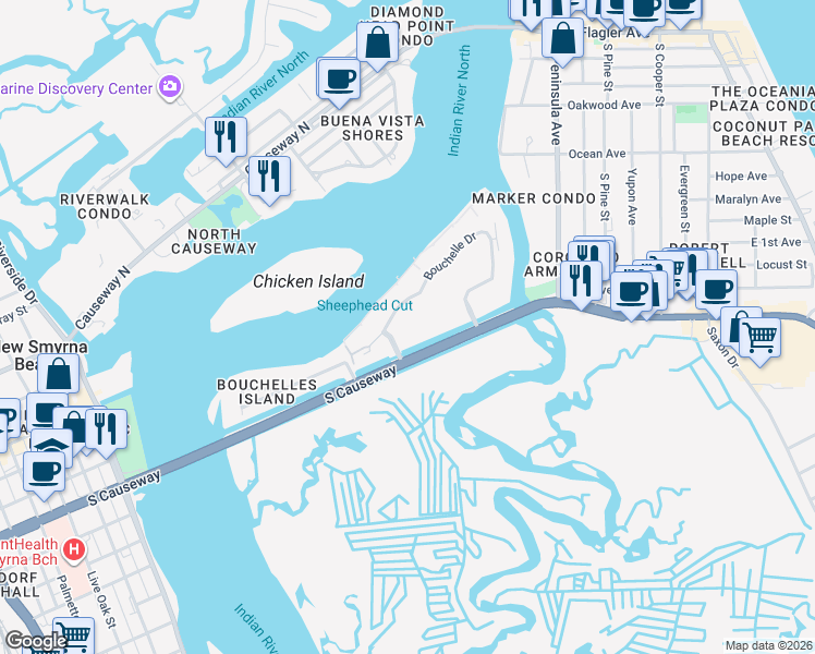 map of restaurants, bars, coffee shops, grocery stores, and more near 450 Bouchelle Drive in New Smyrna Beach