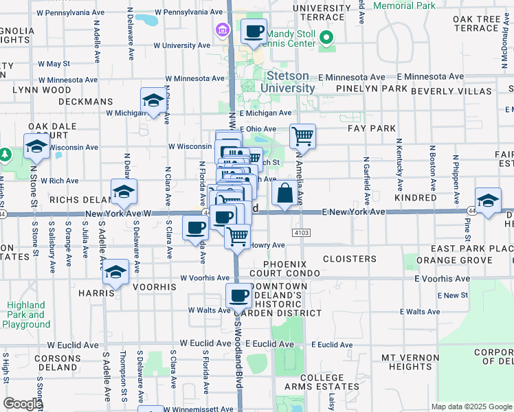 map of restaurants, bars, coffee shops, grocery stores, and more near 158 East New York Avenue in DeLand